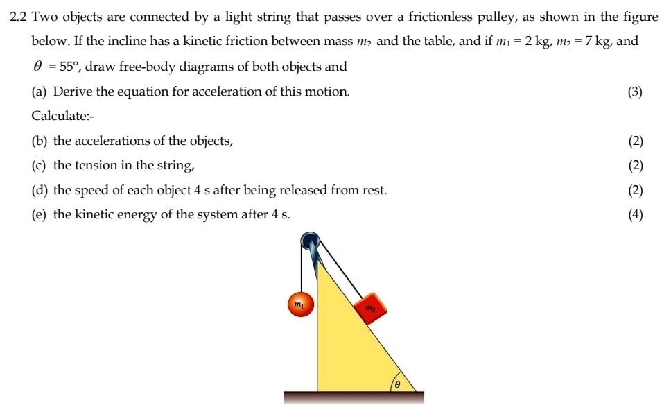 2.2 Two objects are connected by a light string that passes over a frictionless pulley, as shown in the figure below. If the incline has a kinetic friction between mass m2 and the table, and if m1 = 2 kg, m2 = 7 kg, and θ = 55∘, draw free-body diagrams of both objects and (a) Derive the equation for acceleration of this motion. Calculate:- (b) the accelerations of the objects, (c) the tension in the string, (2) (d) the speed of each object 4 s after being released from rest. (2) (e) the kinetic energy of the system after 4 s. (4)