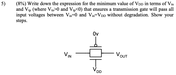 Write down the expression for the minimum value of VDD in terms of Vtn and Vtp (where Vtn > 0 and Vtp < 0 ) that ensures a transmission gate will pass all input voltages between Vin = 0 and Vin = VDD without degradation. Show your steps.