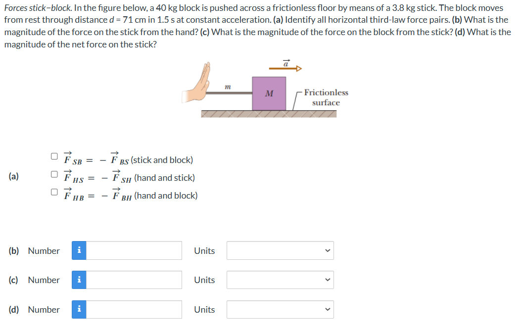 Forces stick-block. In the figure below, a 40 kg block is pushed across a frictionless floor by means of a 3.8 kg stick. The block moves from rest through distance d = 71 cm in 1.5 s at constant acceleration. (a) Identify all horizontal third-law force pairs. (b) What is the magnitude of the force on the stick from the hand? (c) What is the magnitude of the force on the block from the stick? (d) What is the magnitude of the net force on the stick? F→SB = −F→BS (stick and block) (a) F→HS = −F→SH (hand and stick) F→HB = −F→BH (hand and block) (b) Number  Units (c) Number Units (d) Number Units