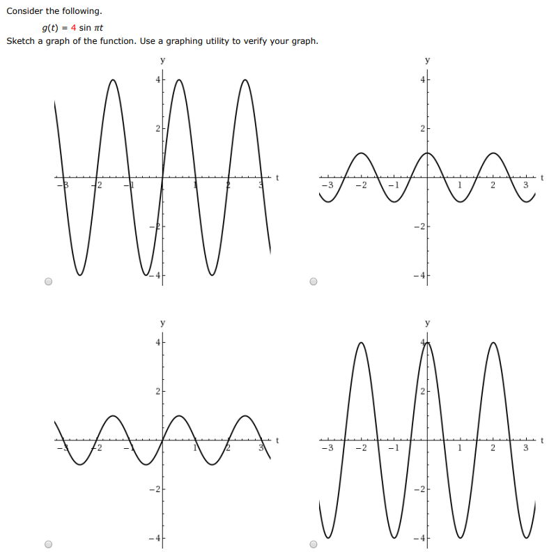 Consider the following. g(t) = 4 sin⁡πt Sketch a graph of the function. Use a graphing utility to verify your graph. Find its domain and range. Domain: (−∞, 0)∪(0, ∞) [−4, 4] (−∞, ∞) [−π, π] (−∞, 4)∪(4, ∞) Range: [−4, 4] (−∞, ∞) (−∞, 4)∪(4, ∞) [−1, 1] [−π, π] 