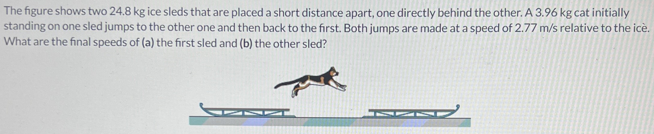 The figure shows two 24.8 kg ice sleds that are placed a short distance apart, one directly behind the other. A 3.96 kg cat initially standing on one sled jumps to the other one and then back to the first. Both jumps are made at a speed of 2.77 m/s relative to the ice. What are the final speeds of (a) the first sled and (b) the other sled?