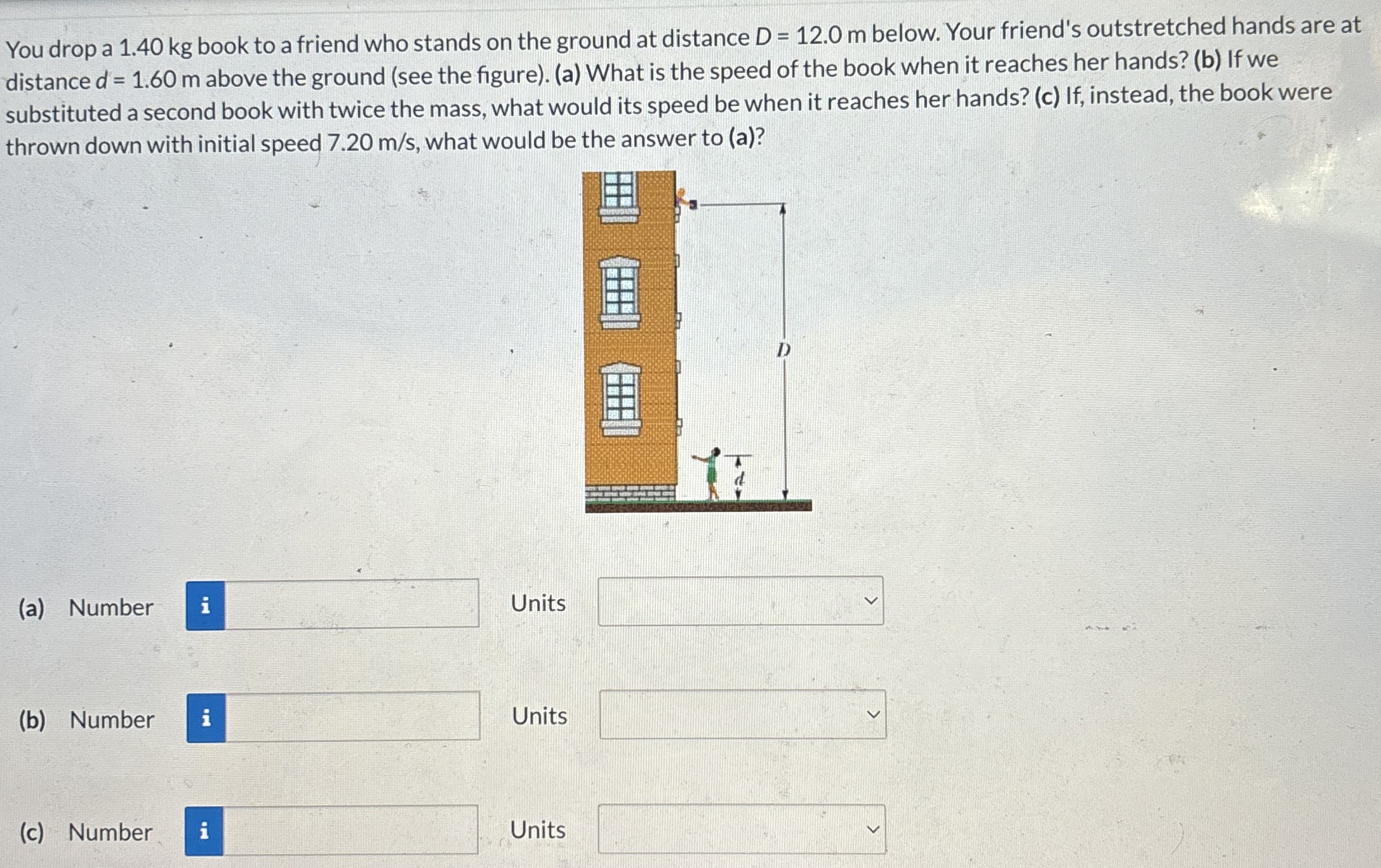 You drop a 1.40 kg book to a friend who stands on the ground at distance D = 12.0 m below. Your friend's outstretched hands are at distance d′ = 1.60 m above the ground (see the figure). (a) What is the speed of the book when it reaches her hands? (b) If we substituted a second book with twice the mass, what would its speed be when it reaches her hands? (c) If, instead, the book were thrown down with initial speed 7.20 m/s, what would be the answer to (a)? (a) Number Units (b) Number Units (c) Number Units