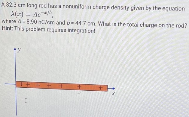 A 32.3 cm long rod has a nonuniform charge density given by the equationλ(x) = Ae−x/b, where A = 8.90 nC/cm and b = 44.7 cm. What is the total charge on the rod? Hint: This problem requires integration! 