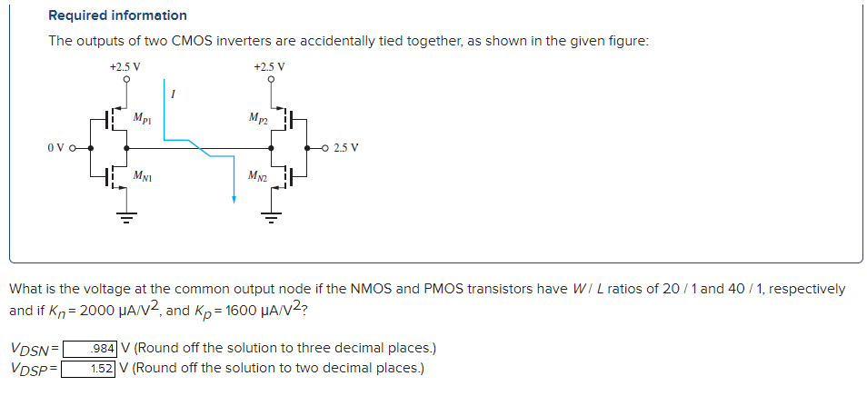 Required information The outputs of two CMOS inverters are accidentally tied together, as shown in the given figure: What is the voltage at the common output node if the NMOS and PMOS transistors have W/L ratios of 20/1 and 40/1, respectively and if Kn = 2000 μA/V2, and Kp = 1600 μA/V2 ? VDSN = V (Round off the solution to three decimal places. ) VDSP = V (Round off the solution to two decimal places.)