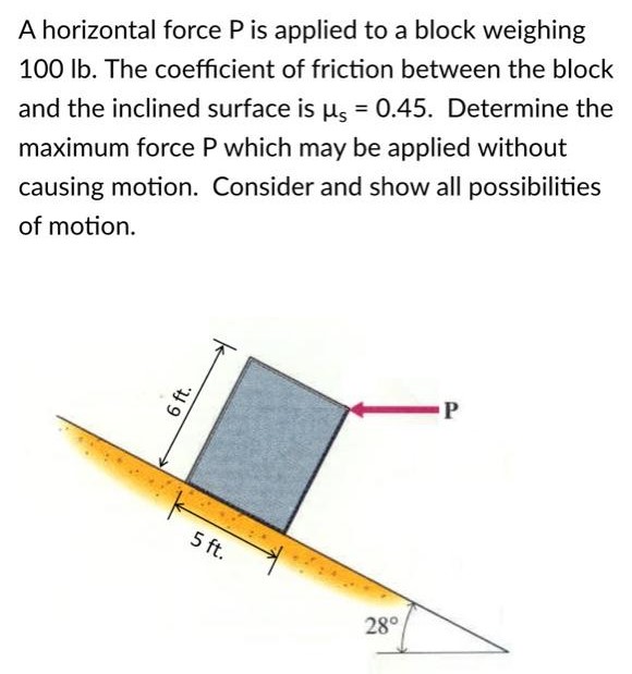 A horizontal force P is applied to a block weighing 100 lb. The coefficient of friction between the block and the inclined surface is μs = 0.45. Determine the maximum force P which may be applied without causing motion. Consider and show all possibilities of motion.