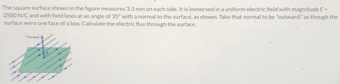 The square surface shown in the figure measures 3.3 mm on each side. It is immersed in a uniform electric field with magnitude E = 2500 N/C and with field lines at an angle of 35∘ with a normal to the surface, as shown. Take that normal to be "outward" as though the surface were one face of a box. Calculate the electric flux through the surface.