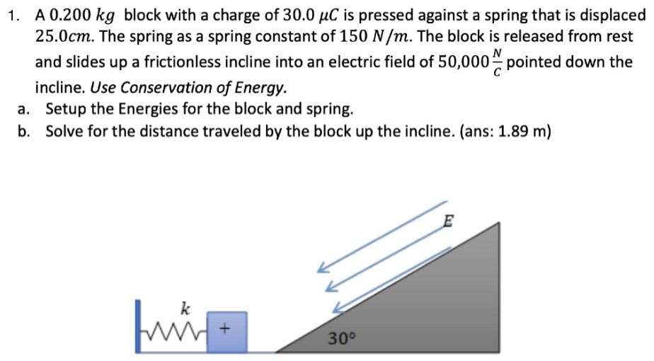 A 0.200 kg block with a charge of 30.0 μC is pressed against a spring that is displaced 25.0 cm. The spring as a spring constant of 150 N/m. The block is released from rest and slides up a frictionless incline into an electric field of 50, 000 N/C pointed down the incline. Use Conservation of Energy. a. Setup the Energies for the block and spring. b. Solve for the distance traveled by the block up the incline. (ans: 1.89 m)