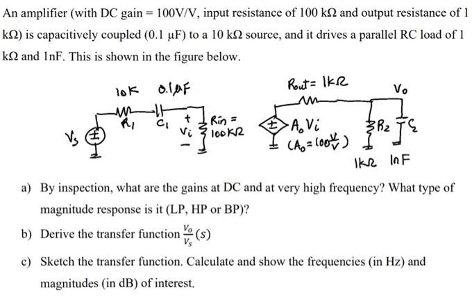 An amplifier (with DC gain = 100 V/V, input resistance of 100 kΩ and output resistance of 1 kΩ ) is capacitively coupled (0.1 μF) to a 10 kΩ source, and it drives a parallel RC load of 1 kΩ and lnF. This is shown in the figure below. a) By inspection, what are the gains at DC and at very high frequency? What type of magnitude response is it (LP, HP or BP)? b) Derive the transfer function VoVs(s) c) Sketch the transfer function. Calculate and show the frequencies (in Hz ) and magnitudes (in dB ) of interest.