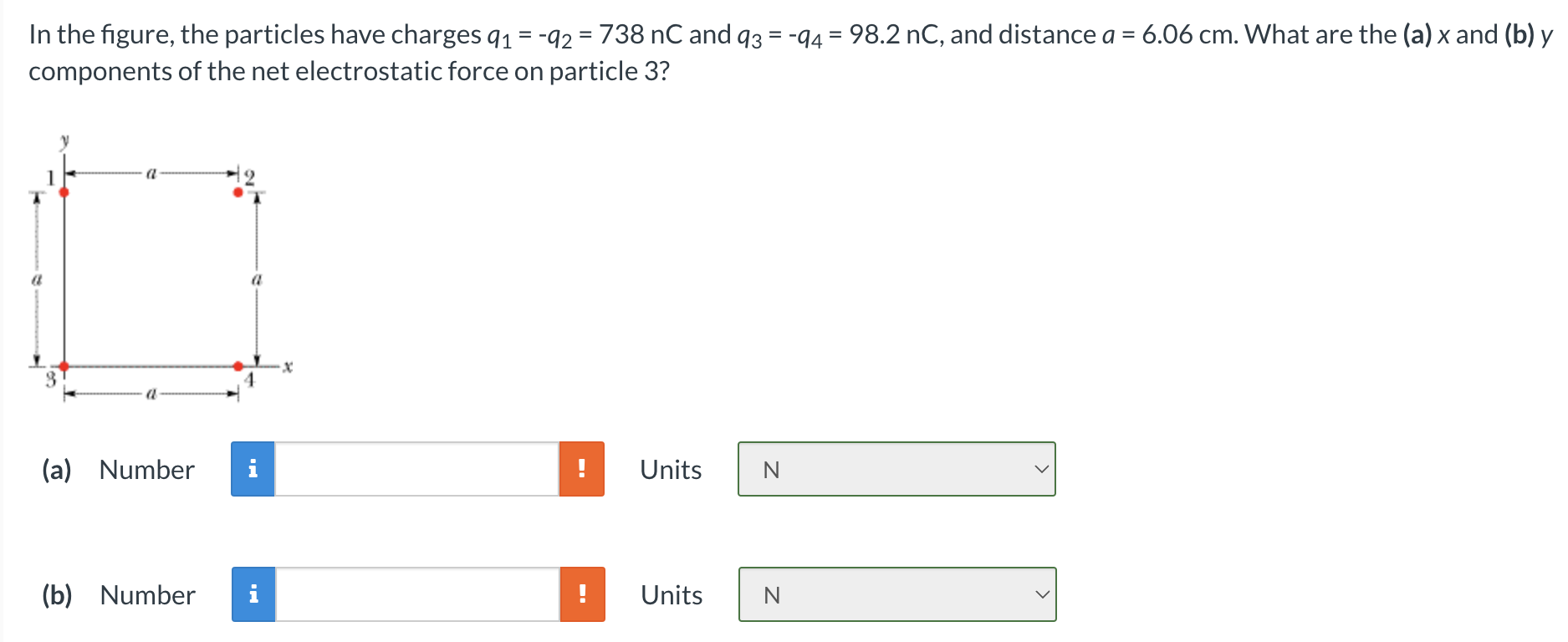 In the figure, the particles have charges q1 = −q2 = 738 nC and q3 = −q4 = 98.2 nC, and distance a = 6.06 cm. What are the (a) x and (b) y components of the net electrostatic force on particle 3? (a) Number Units (b) Number Units