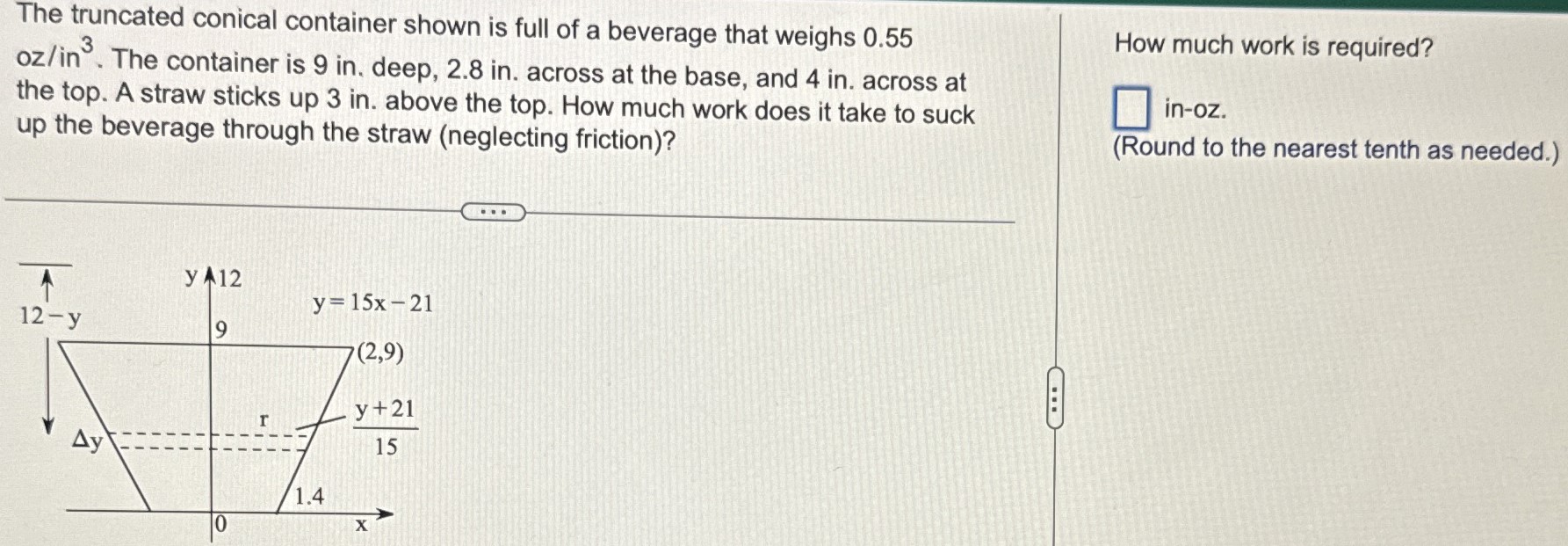 The truncated conical container shown is full of a beverage that weighs 0.55 oz/in3. The container is 9 in. deep, 2.8 in. across at the base, and 4 in. across at the top. A straw sticks up 3 in. above the top. How much work does it take to suck up the beverage through the straw (neglecting friction)? How much work is required? in-oz. (Round to the nearest tenth as needed.)