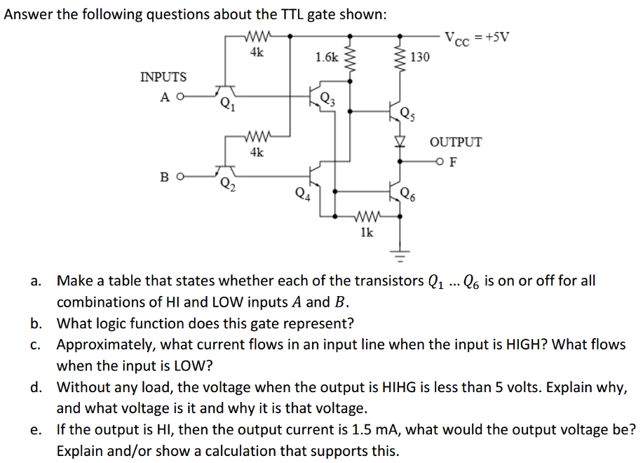 Answer the following questions about the TTL gate shown: a. Make a table that states whether each of the transistors Q1 . . . Q6 is on or for all combinations of HI and LOW inputs A and B. b. What logic function does this gate represent? c. Approximately, what current flows in an input line when the input is HIGH? What flows when the input is LOW? d. Without any load, the voltage when the output is HIHG is less than 5 volts. Explain why, and what voltage is it and why it is that voltage. e. If the output is HI, then the output current is 1.5 mA, what would the output voltage be? Explain and/or show a calculation that supports this.