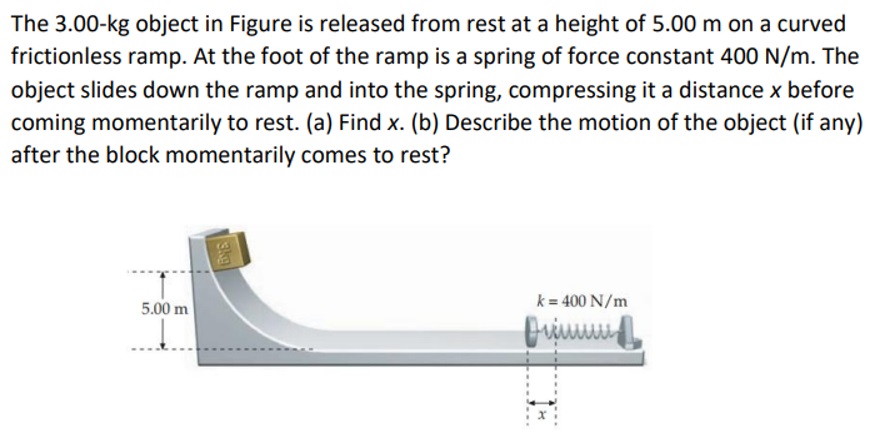 The 3.00-kg object in Figure is released from rest at a height of 5.00 m on a curved frictionless ramp. At the foot of the ramp is a spring of force constant 400 N/m. The object slides down the ramp and into the spring, compressing it a distance x before coming momentarily to rest. (a) Find x. (b) Describe the motion of the object (if any) after the block momentarily comes to rest?