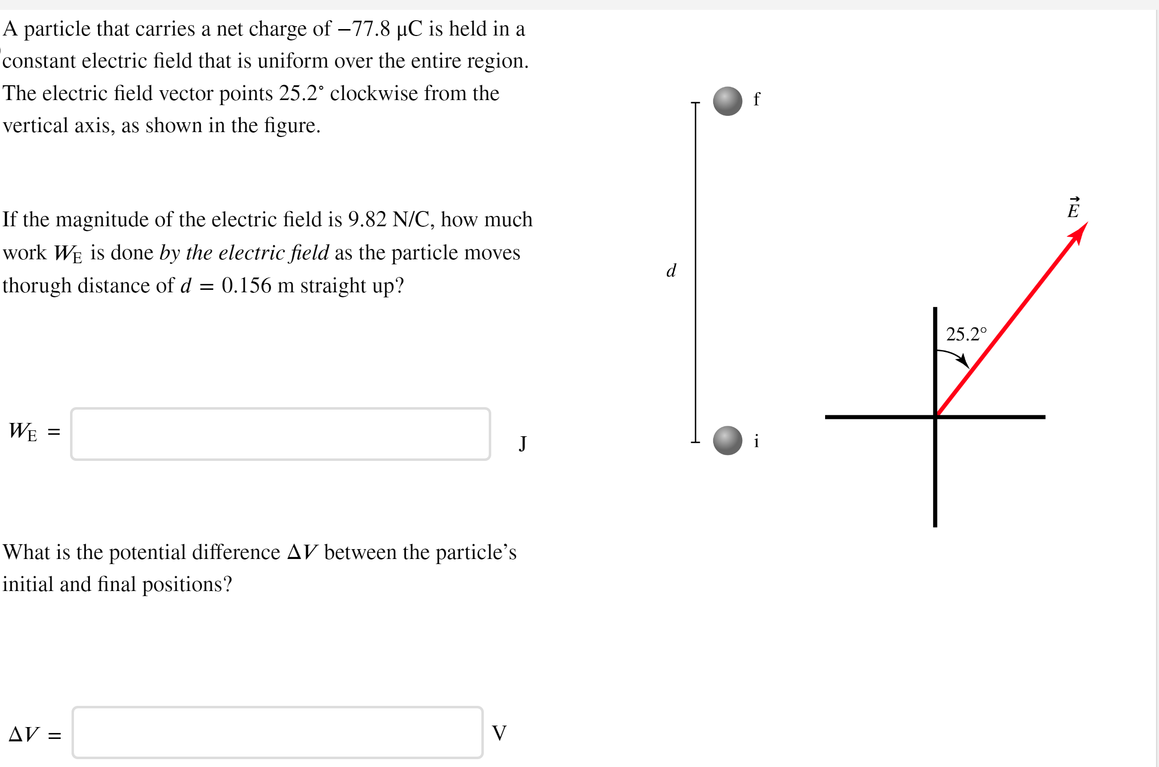 A particle that carries a net charge of −77.8 μC is held in a constant electric field that is uniform over the entire region. The electric field vector points 25.2∘ clockwise from the vertical axis, as shown in the figure. If the magnitude of the electric field is 9.82 N/C, how much work WE is done by the electric field as the particle moves thorugh distance of d = 0.156 m straight up? WE = J What is the potential difference ΔV between the particle's initial and final positions? ΔV = V
