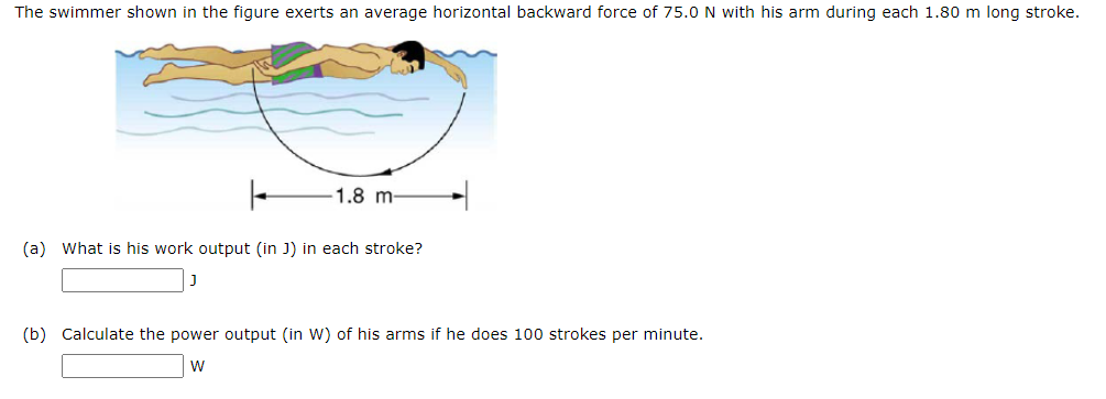 The swimmer shown in the figure exerts an average horizontal backward force of 75.0 N with his arm during each 1.80 m long stroke. (a) What is his work output (in J) in each stroke? J (b) Calculate the power output (in W) of his arms if he does 100 strokes per minute. W