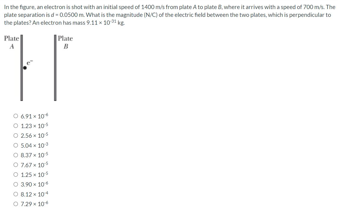 In the figure, an electron is shot with an initial speed of 1400 m/s from plate A to plate B, where it arrives with a speed of 700 m/s. The plate separation is d = 0.0500 m. What is the magnitude (N/C) of the electric field between the two plates, which is perpendicular to the plates? An electron has mass 9.11×10−31 kg. 6.91×10−6 1.23×10−5 2.56×10−5 5.04×10−3 8.37×10−5 7.67×10−5 1.25×10−5 3.90×10−6 8.12×10−4 7.29×10−6 