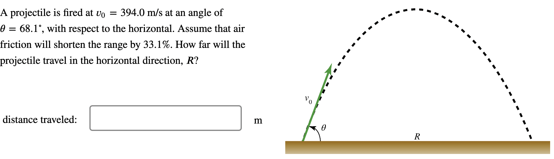 A projectile is fired at v0 = 394.0 m/s at an angle of θ = 68.1∘, with respect to the horizontal. Assume that air friction will shorten the range by 33.1%. How far will the projectile travel in the horizontal direction, R ? distance traveled: m