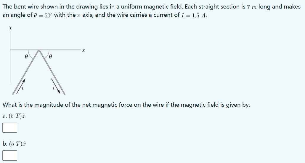 The bent wire shown in the drawing lies in a uniform magnetic field. Each straight section is 7 m long and makes an angle of θ = 50∘ with the x axis, and the wire carries a current of I = 1.5 A. What is the magnitude of the net magnetic force on the wire if the magnetic field is given by: a. (5 T)z^ b. (5 T)x^