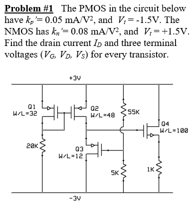 Problem #1 The PMOS in the circuit below have kp′ = 0.05 mA/V2, and Vt = -1.5 V. The NMOS has kn′ = 0.08 mA/V2, and Vt = +1.5 V. Find the drain current ID and three terminal voltages (VG, VD, VS) for every transistor.