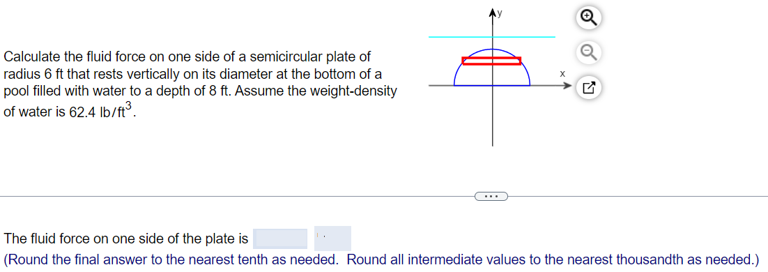 Calculate the fluid force on one side of a semicircular plate of radius 6ft that rests vertically on its diameter at the bottom of a pool filled with water to a depth of 8 ft. Assume the weight-density of water is 62.4 lb/ft3. The fluid force on one side of the plate is (Round the final answer to the nearest tenth as needed. Round all intermediate values to the nearest thousandth as needed.)