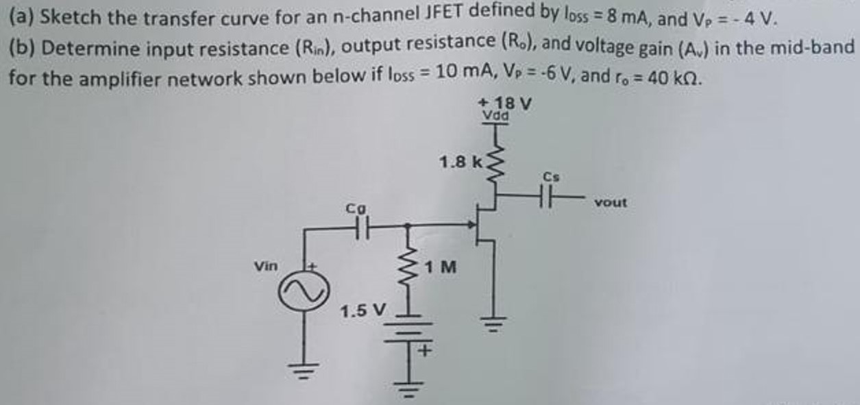 (a) Sketch the transfer curve for an n-channel JFET defined by IDSS = 8 mA, and Vp = -4 V. (b) Determine input resistance (Rin), output resistance (Ro), and voltage gain (Av) in the mid-band for the amplifier network shown below if IDSS = 10 mA, Vp = -6 V, and ro = 40 kΩ.