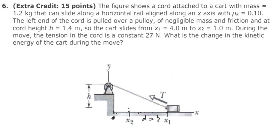 The figure shows a cord attached to a cart with mass = 1.2 kg that can slide along a horizontal rail aligned along an x axis with μk = 0.10. The left end of the cord is pulled over a pulley, of negligible mass and friction and at cord height h = 1.4 m, so the cart slides from x1 = 4.0 m to x2 = 1.0 m. During the move, the tension in the cord is a constant 27 N. What is the change in the kinetic energy of the cart during the move?