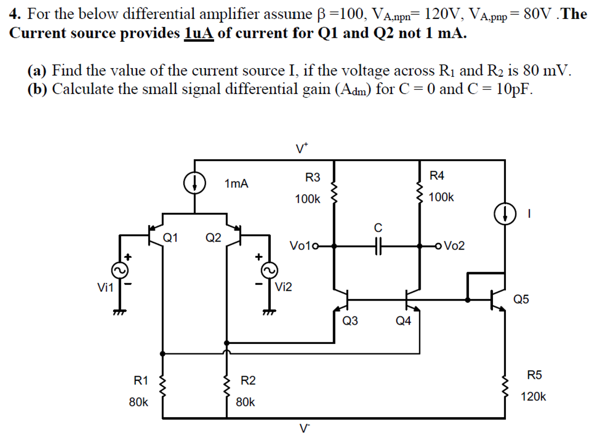 For the below differential amplifier assume β = 100, VA, npn = 120 V, VA, pnp = 80 V. The Current source provides 1 uA_ of current for Q1 and Q2 not 1 mA. (a) Find the value of the current source I, if the voltage across R1 and R2 is 80 mV. (b) Calculate the small signal differential gain (Adm) for C = 0 and C = 10 pF. 