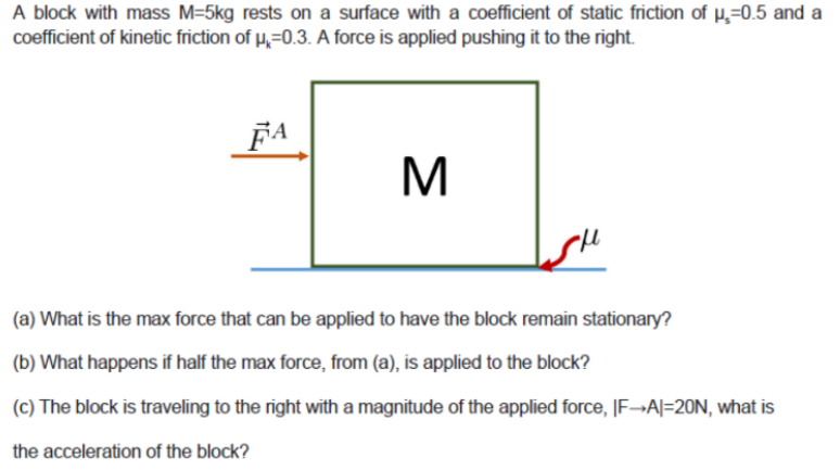 A block with mass M = 5 kg rests on a surface with a coefficient of static friction of μs = 0.5 and a coefficient of kinetic friction of μk = 0.3. A force is applied pushing it to the right. (a) What is the max force that can be applied to have the block remain stationary? (b) What happens if half the max force, from (a), is applied to the block? (c) The block is traveling to the right with a magnitude of the applied force, |F→A| = 20 N, what is the acceleration of the block?