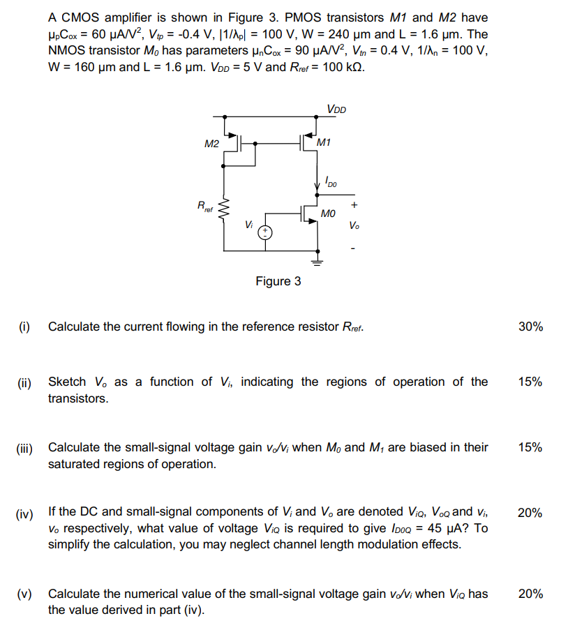 A CMOS amplifier is shown in Figure 3. PMOS transistors M1 and M2 have μpCox = 60 μA/V2, Vtp = -0.4 V, |1/λp| = 100 V, W = 240 μm and L = 1.6 μm. The NMOS transistor M0 has parameters μnCox = 90 μA/V2, Vtn = 0.4 V, 1/λn = 100 V, W = 160 μm and L = 1.6 μm. VDD = 5 V and Rref = 100 kΩ. Figure 3 (i) Calculate the current flowing in the reference resistor Rref. . 30% (ii) Sketch Vo as a function of Vi, indicating the regions of operation of the transistors. 15% (iii) Calculate the small-signal voltage gain vd/vi when M0 and M1 are biased in their saturated regions of operation. 15% (iv) If the DC and small-signal components of Vi and Vo are denoted ViQ, VoQ and vi, vo respectively, what value of voltage ViQ is required to give IDOQ = 45 μA ? To simplify the calculation, you may neglect channel length modulation effects. 20% (v) Calculate the numerical value of the small-signal voltage gain vd/vi when ViQ has the value derived in part (iv). 20%