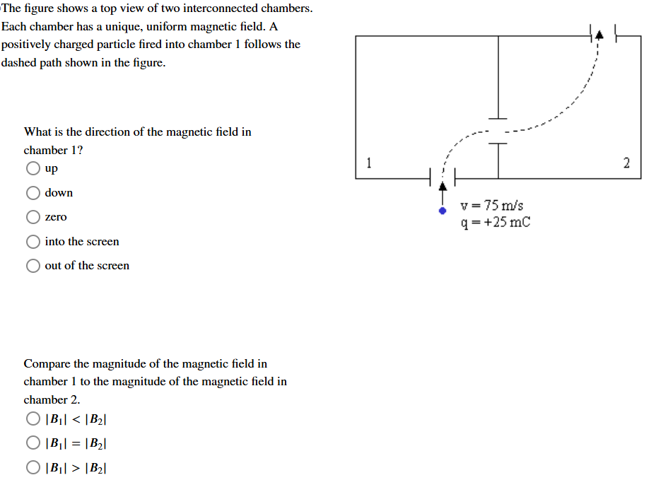 The figure shows a top view of two interconnected chambers. Each chamber has a unique, uniform magnetic field. A positively charged particle fired into chamber 1 follows the dashed path shown in the figure. What is the direction of the magnetic field in chamber 1? up down zero into the screen out of the screen Compare the magnitude of the magnetic field in chamber 1 to the magnitude of the magnetic field in chamber 2. |B1| < |B2| |B1| = |B2| |B1| > |B2|