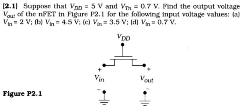 [2.1] Suppose that VDD = 5 V and VTn = 0.7 V. Find the output voltage Vout of the nFET in Figure P2.1 for the following input voltage values: (a) Vin = 2 V; (b) Vin = 4.5 V; (c) Vin = 3.5 V; (d) Vin = 0.7 V.