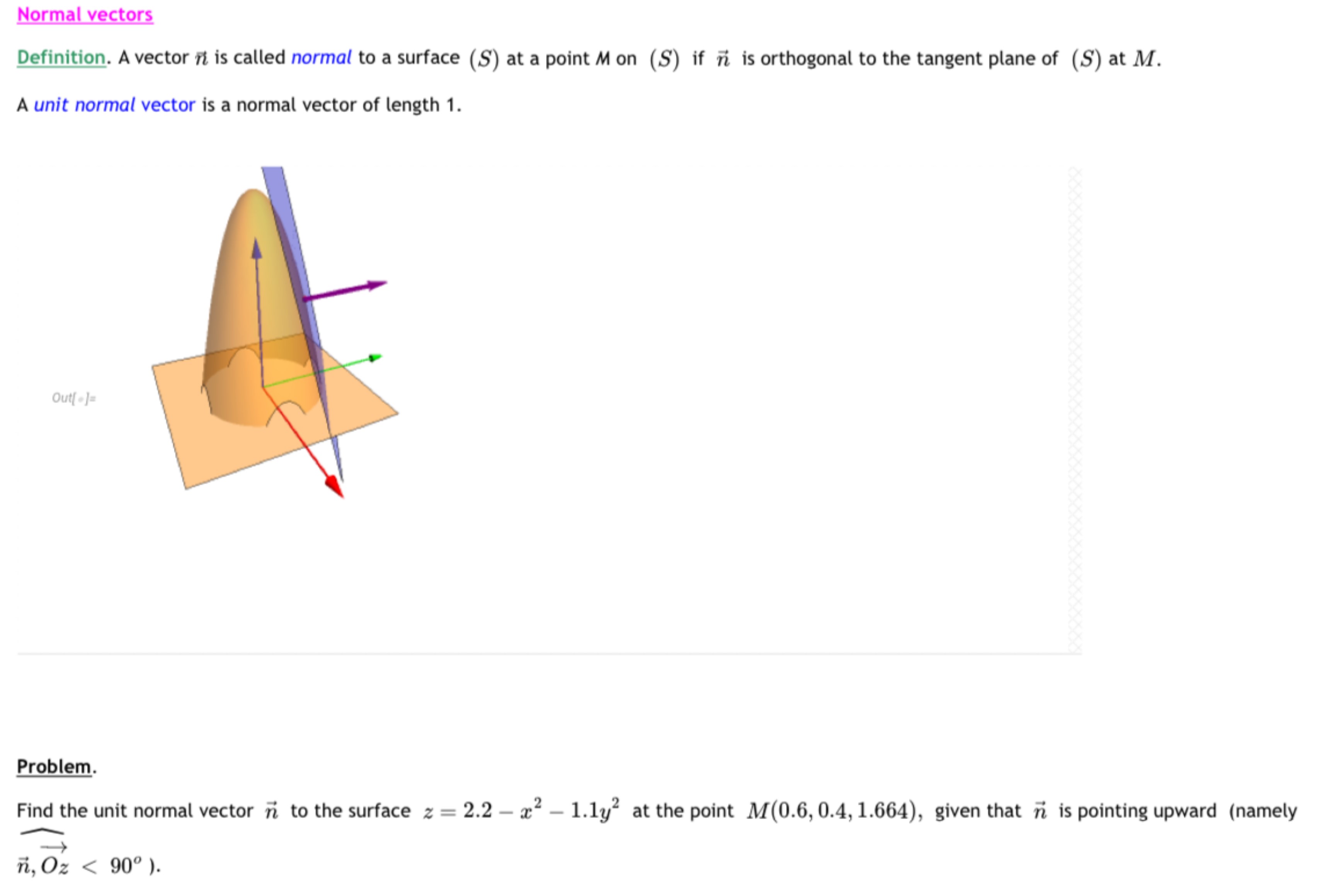 Normal vectors Definition. A vector n→ is called normal to a surface (S) at a point M on (S) if n→ is orthogonal to the tangent plane of (S) at M. A unit normal vector is a normal vector of length 1. Problem. Find the unit normal vector n→ to the surface z = 2.2 − x2 − 1.1y2 at the point M(0.6, 0.4, 1.664), given that n→ is pointing upward (namely n→, Oz→ < 90∘).