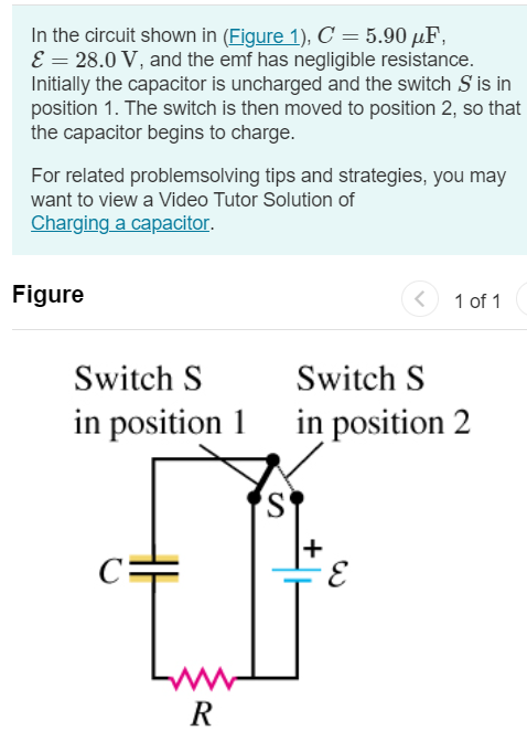 In the circuit shown in (Figure 1), C = 5.90 μF, E = 28.0 V, and the emf has negligible resistance. Initially the capacitor is uncharged and the switch S is in position 1. The switch is then moved to position 2 , so that the capacitor begins to charge. For related problemsolving tips and strategies, you may want to view a Video Tutor Solution of Charging a capacitor. Figure 1 of 1 Part A What will be the charge on the capacitor a long time after the switch is moved to position 2 ? Express your answer in coulombs. Submit Request Answer Part B After the switch has been in position 2 for 3.00 ms, the charge on the capacitor is measured to be 110 μC. What is the value of the resistance R ? Express your answer in ohms. Part C How long after the switch is moved to position 2 will the charge on the capacitor be equal to 99.0% of the final value found in part A ? Express your answer in seconds. 