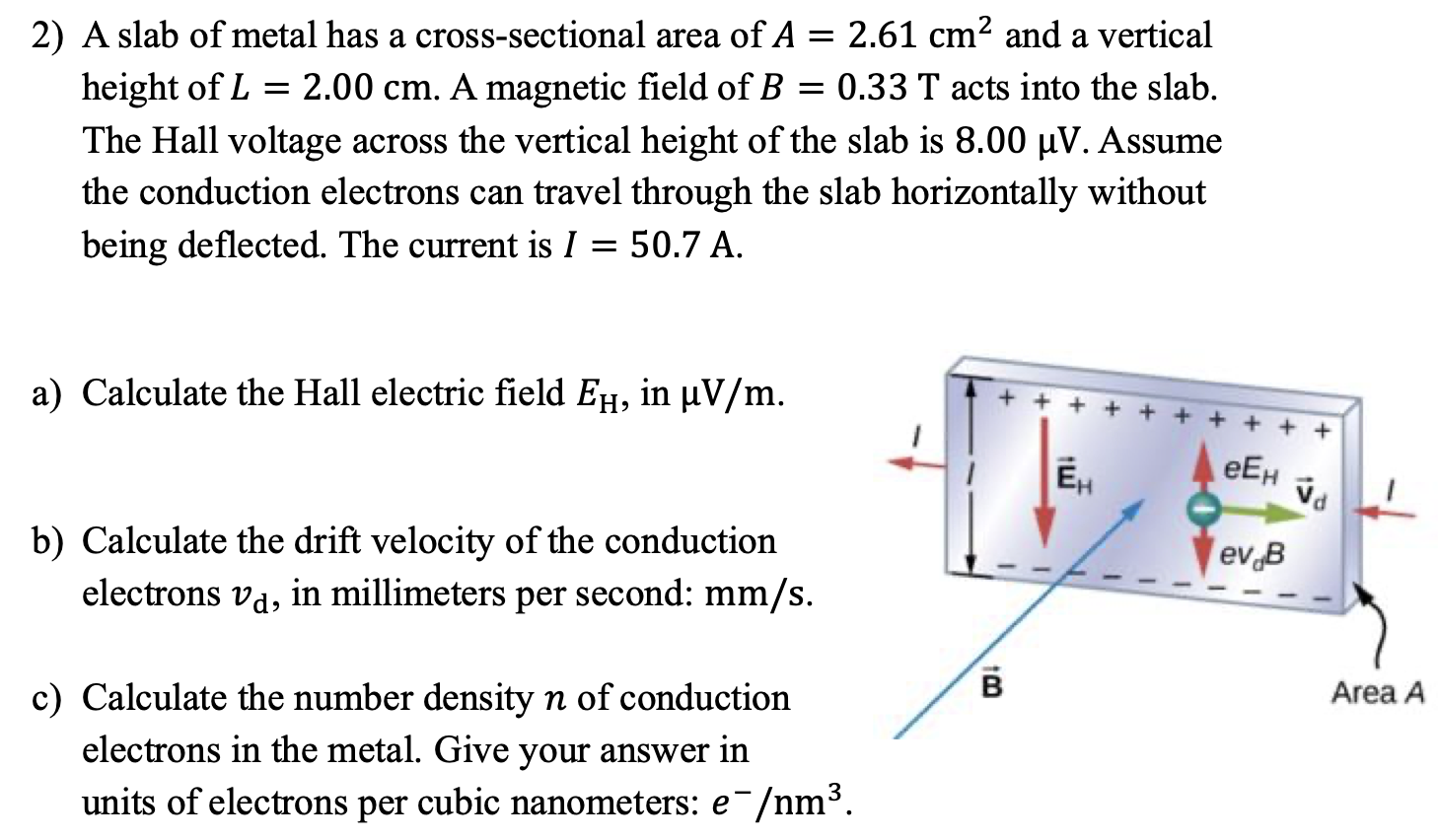 A slab of metal has a cross-sectional area of A = 2.61 cm2 and a vertical height of L = 2.00 cm. A magnetic field of B = 0.33 T acts into the slab. The Hall voltage across the vertical height of the slab is 8.00 μV. Assume the conduction electrons can travel through the slab horizontally without being deflected. The current is I = 50.7 A. a) Calculate the Hall electric field EH, in μV/m. b) Calculate the drift velocity of the conduction electrons vd, in millimeters per second: mm/s. c) Calculate the number density n of conduction electrons in the metal. Give your answer in units of electrons per cubic nanometers: e−/nm3.