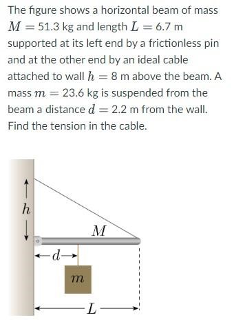 The figure shows a horizontal beam of mass M = 51.3 kg and length L = 6.7 m supported at its left end by a frictionless pin and at the other end by an ideal cable attached to wall h = 8 m above the beam. A mass m = 23.6 kg is suspended from the beam a distance d = 2.2 m from the wall. Find the tension in the cable.