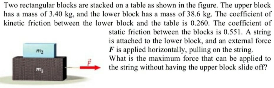 Two rectangular blocks are stacked on a table as shown in the figure. The upper block has a mass of 3.40 kg, and the lower block has a mass of 38.6 kg. The coefficient of kinetic friction between the lower block and the table is 0.260. The coefficient of static friction between the blocks is 0.551. A string is attached to the lower block, and an external force F is applied horizontally, pulling on the string. What is the maximum force that can be applied to the string without having the upper block slide off?