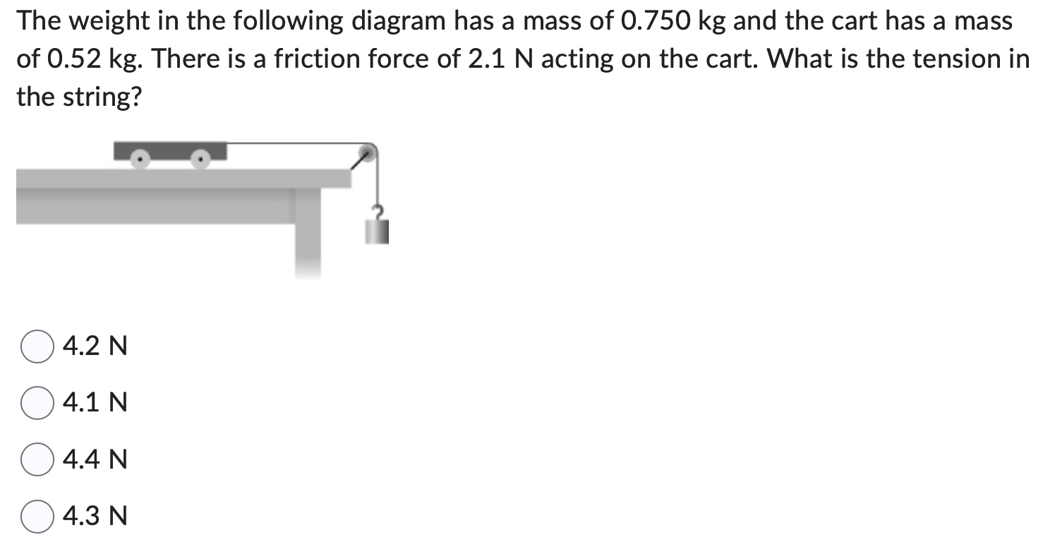 The weight in the following diagram has a mass of 0.750 kg and the cart has a mass of 0.52 kg. There is a friction force of 2.1 N acting on the cart. What is the tension in the string? 4.2 N 4.1 N 4.4 N 4.3 N