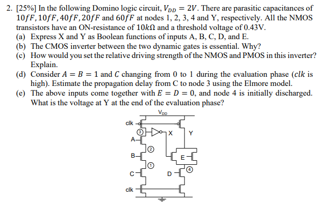 [25%] In the following Domino logic circuit, VDD = 2 V. There are parasitic capacitances of 10 fF, 10 fF, 40 fF, 20 fF and 60 fF at nodes 1, 2, 3, 4 and Y, respectively. All the NMOS transistors have an ON -resistance of 10 kΩ and a threshold voltage of 0.43 V. (a) Express X and Y as Boolean functions of inputs A, B, C, D, and E. (b) The CMOS inverter between the two dynamic gates is essential. Why? (c) How would you set the relative driving strength of the NMOS and PMOS in this inverter? Explain. (d) Consider A = B = 1 and C changing from 0 to 1 during the evaluation phase (clk is high). Estimate the propagation delay from C to node 3 using the Elmore model. (e) The above inputs come together with E = D = 0, and node 4 is initially discharged. What is the voltage at Y at the end of the evaluation phase?