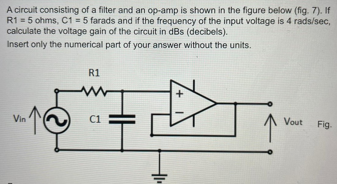 A circuit consisting of a filter and an op-amp is shown in the figure below (fig. 7). If R1 = 5 ohms, C1 = 5 farads and if the frequency of the input voltage is 4 rads/sec, calculate the voltage gain of the circuit in dBs (decibels). Insert only the numerical part of your answer without the units. Vout Fig.