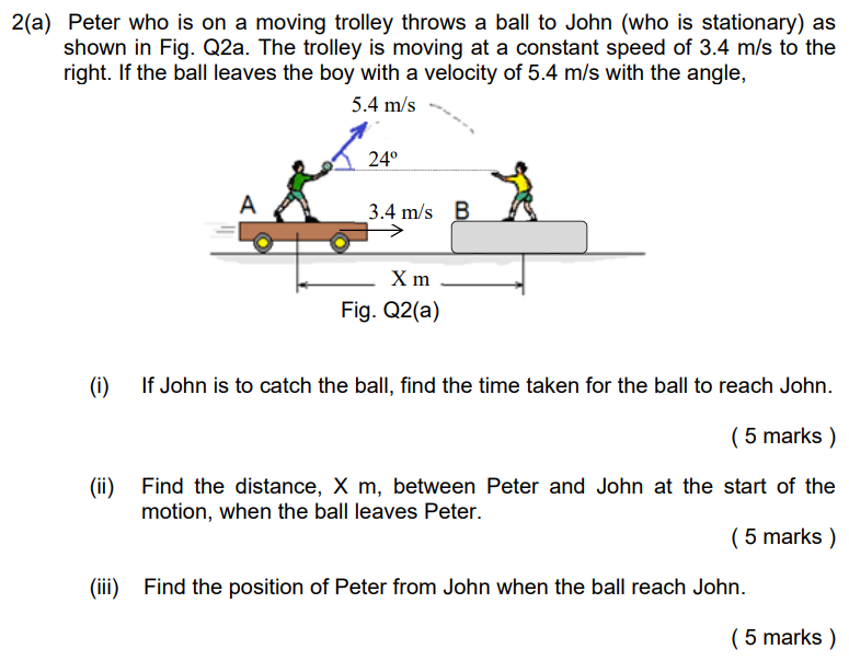 2(a) Peter who is on a moving trolley throws a ball to John (who is stationary) as shown in Fig. Q2 a. The trolley is moving at a constant speed of 3.4 m/s to the right. If the ball leaves the boy with a velocity of 5.4 m/s with the angle, Fig. Q2(a) (i) If John is to catch the ball, find the time taken for the ball to reach John. (5 marks) (ii) Find the distance, X m, between Peter and John at the start of the motion, when the ball leaves Peter. (5 marks) (iii) Find the position of Peter from John when the ball reach John. (5 marks)