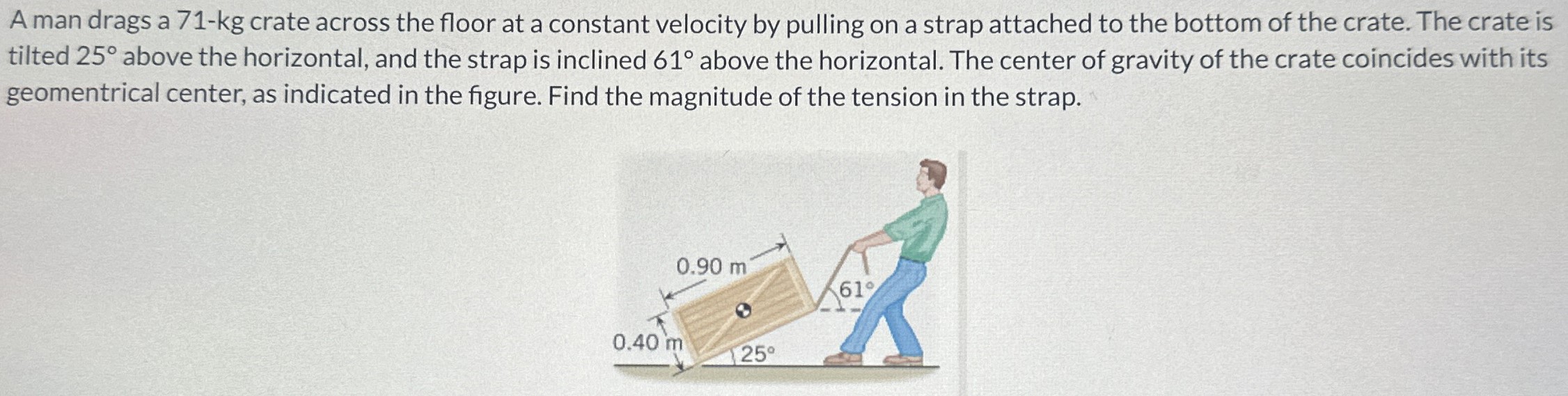 A man drags a 71-kg crate across the floor at a constant velocity by pulling on a strap attached to the bottom of the crate. The crate is tilted 25∘ above the horizontal, and the strap is inclined 61∘ above the horizontal. The center of gravity of the crate coincides with its geomentrical center, as indicated in the figure. Find the magnitude of the tension in the strap.