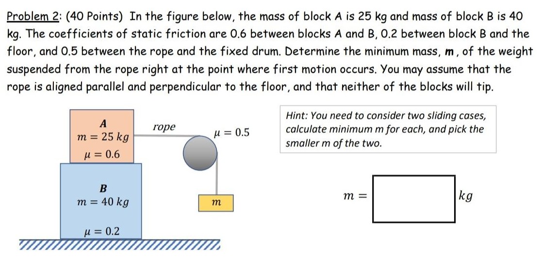 In the figure below, the mass of block A is 25 kg and mass of block B is 40 kg. The coefficients of static friction are 0.6 between blocks A and B, 0.2 between block B and the floor, and 0.5 between the rope and the fixed drum. Determine the minimum mass, m, of the weight suspended from the rope right at the point where first motion occurs. You may assume that the rope is aligned parallel and perpendicular to the floor, and that neither of the blocks will tip. Hint: You need to consider two sliding cases, calculate minimum m for each, and pick the smaller m of the two.