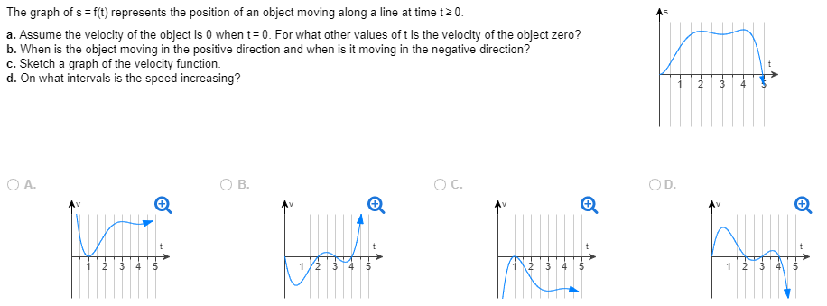 The graph of s = f(t) represents the position of an object moving along a line at time t ≥ 0. a. Assume the velocity of the object is 0 when t = 0. For what other values of t is the velocity of the object zero? b. When is the object moving in the positive direction and when is it moving in the negative direction? c. Sketch a graph of the velocity function. d. On what intervals is the speed increasing? A. B. C. D.