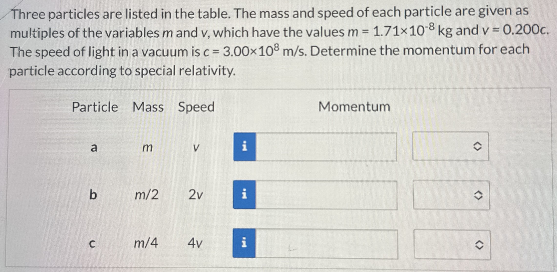 Three particles are listed in the table. The mass and speed of each particle are given as multiples of the variables m and v, which have the values m = 1.71×10−8 kg and v = 0.200c. The speed of light in a vacuum is c = 3.00×108 m/s. Determine the momentum for each particle according to special relativity.