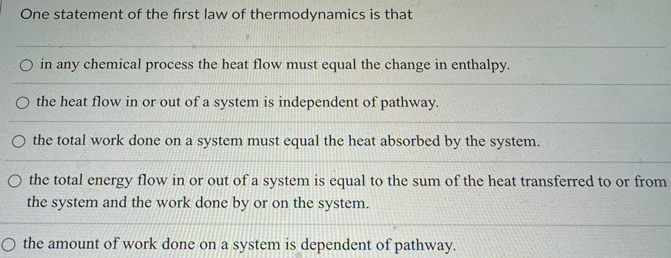 One statement of the first law of thermodynamics is that in any chemical process the heat flow must equal the change in enthalpy. the heat flow in or out of a system is independent of pathway. the total work done on a system must equal the heat absorbed by the system. the total energy flow in or out of a system is equal to the sum of the heat transferred to or from the system and the work done by or on the system. the amount of work done on a system is dependent of pathway. 