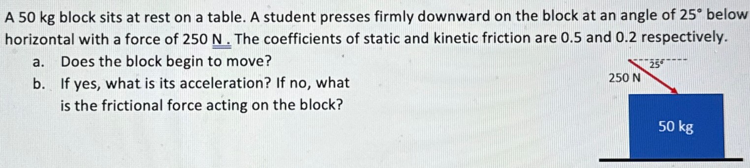 A 50 kg block sits at rest on a table. A student presses firmly downward on the block at an angle of 25∘ below horizontal with a force of 250 N. The coefficients of static and kinetic friction are 0.5 and 0.2 respectively. a. Does the block begin to move? b. If yes, what is its acceleration? If no, what is the frictional force acting on the block?