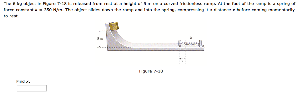 The 6 kg object in Figure 7-18 is released from rest at a height of 5 m on a curved frictionless ramp. At the foot of the ramp is a spring of force constant k = 350 N/m. The object slides down the ramp and into the spring, compressing it a distance x before coming momentarily to rest. Figure 7-18 Find x.