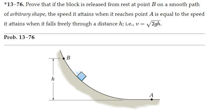 *13-76. Prove that if the block is released from rest at point B on a smooth path of arbitrary shape, the speed it attains when it reaches point A is equal to the speed it attains when it falls freely through a distance h; i. e. , v = 2 gh. Prob. 13-76