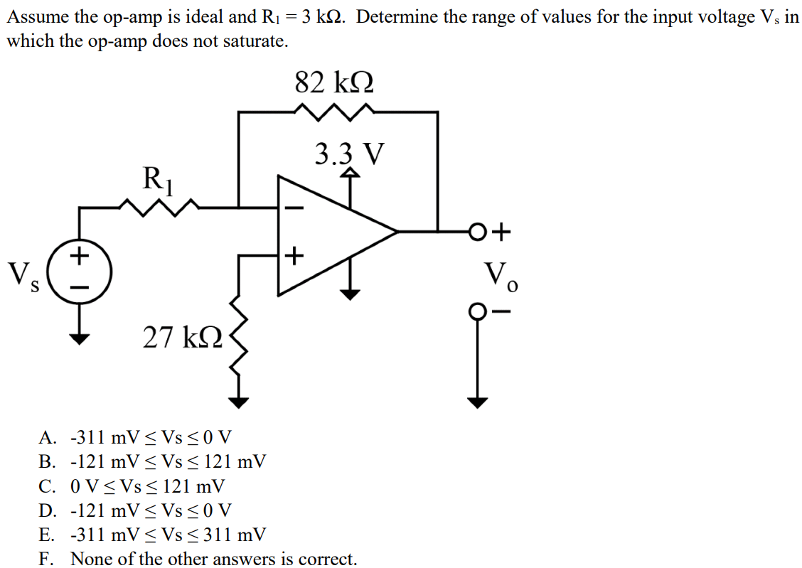 Assume the op-amp is ideal and R1 = 3 kΩ. Determine the range of values for the input voltage Vs in which the op-amp does not saturate. A. -311 mV ≤ Vs ≤ 0 V B. -121 mV ≤ Vs ≤ 121 mV C. 0 V ≤ Vs ≤ 121 mV D. -121 mV ≤ Vs ≤ 0 V E. -311 mV ≤ Vs ≤ 311 mV F. None of the other answers is correct.