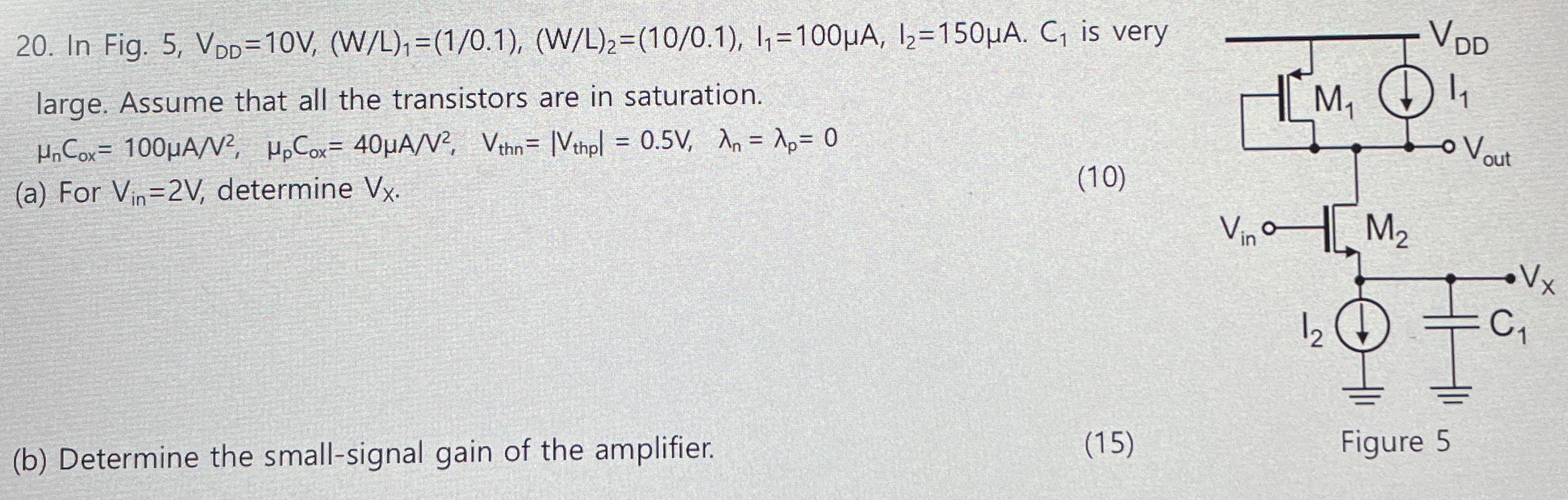 In Fig. 5, VDD = 10 V, (W/L)1 = (1/0.1), (W/L)2 = (10/0.1), I1 = 100 μA, I2 = 150 μA. C1 is very large. Assume that all the transistors are in saturation. μnCox = 100 μA/V2, μpCox = 40 μA/V2, Vthn = |Vthp| = 0.5 V, λn = λp = 0 (a) For Vin = 2 V, determine VX. (b) Determine the small-signal gain of the amplifier. Figure 5