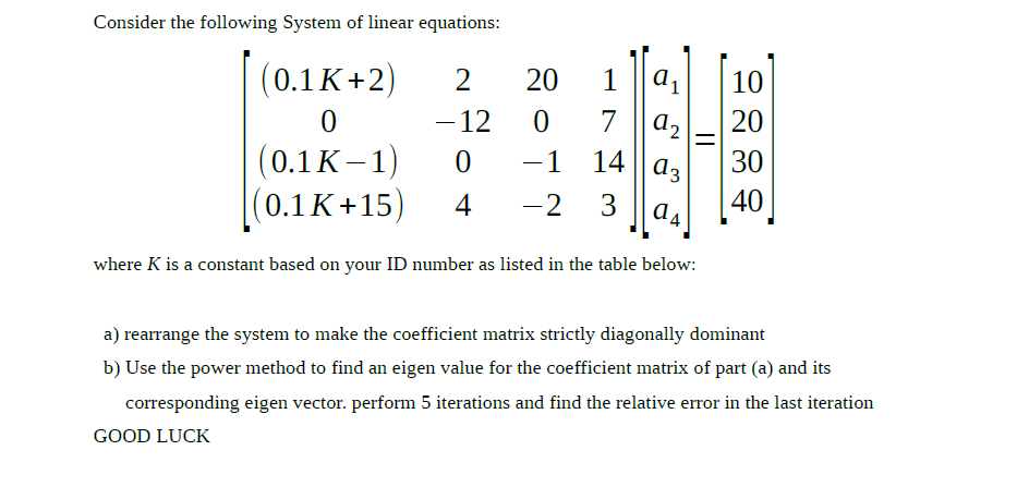 Consider the following System of linear equations: [(0.1K + 2) 2 20 1 0 −12 0 7 (0.1K − 1) 0 −1 14(0.1K + 15) 4 −2 3][a1 a2 a3 a4] = [10 20 30 40] where K is a constant based on your ID number as listed in the table below: a) rearrange the system to make the coefficient matrix strictly diagonally dominant b) Use the power method to find an eigen value for the coefficient matrix of part (a) and its corresponding eigen vector. perform 5 iterations and find the relative error in the last iteration GOOD LUCK 